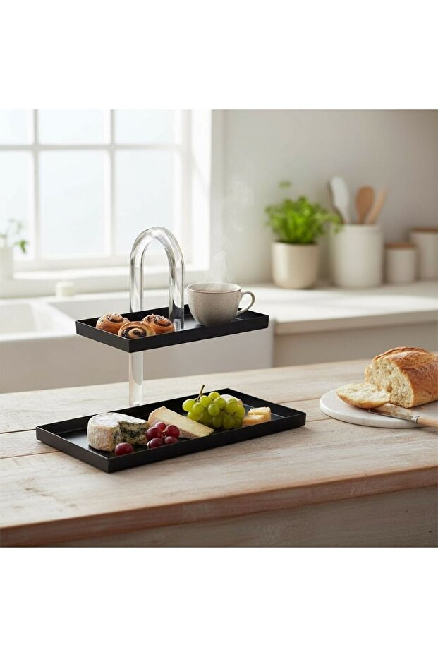 طبق تقديم مزدوج بمقبض أكريليك مستطيل - 1