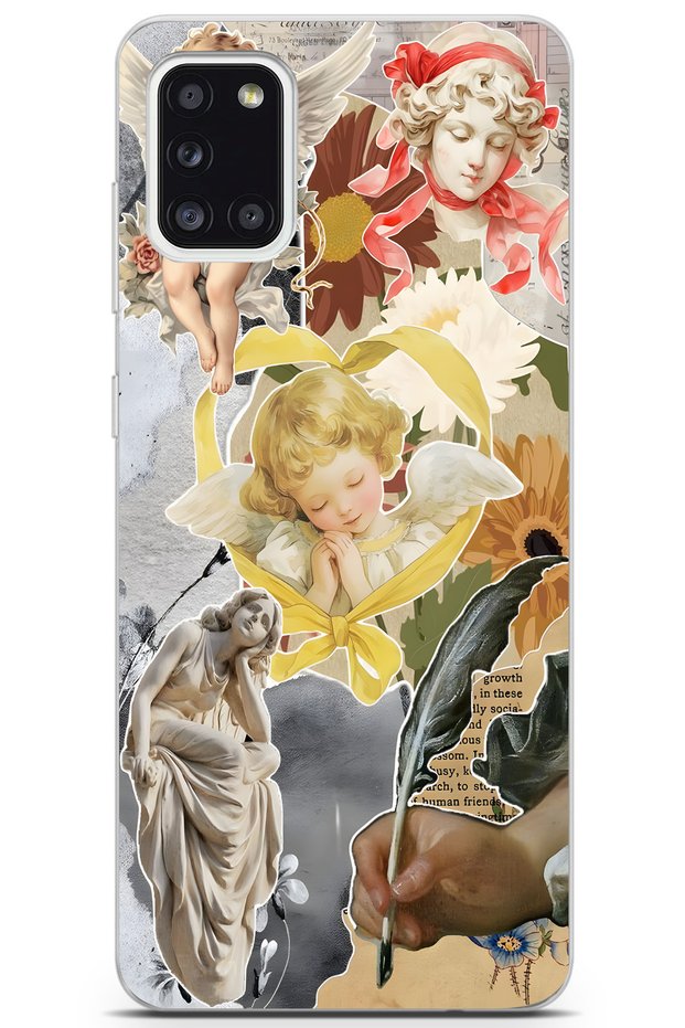 Samsung Galaxy A31 Compatible Angel and Sculpture Collage Pattern Transparent Phone Case
