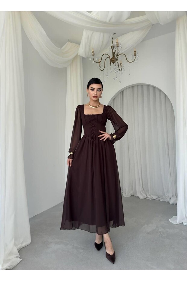 Kare Yaka Uzun Kollu Tamo Korsaj Bağlama Maxi Elbise - 4