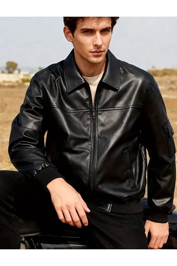 Slim Fit Ribbed Polo Collar Leather Jacket - Old Money Style