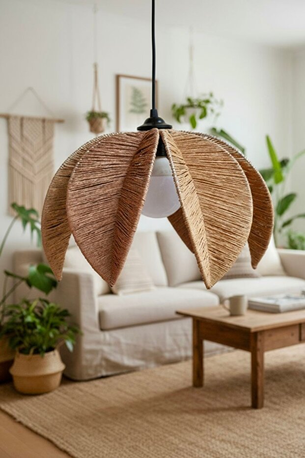 El Yapımı Çiçek Model Jüt Hasır Rattan Avize - Bohem Rustik Iskandinav Tarz - Duy Dahil - 1