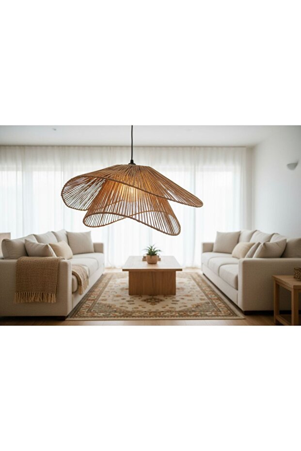 El Yapımı Jüt Hasır Rattan Avize - Bohem Rustik Iskandinav Tarz - Duy Dahil - 5