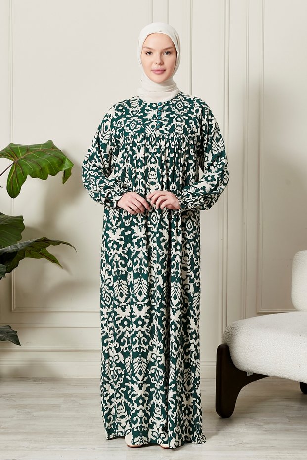 Shirred Robadan Buttoned Front Viscose Fabric Tesseture Clothing Mother Dress Prayer Dress