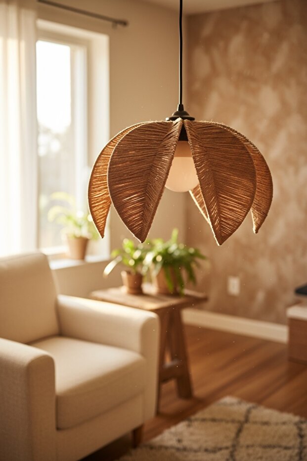 El Yapımı Çiçek Model Jüt Hasır Rattan Avize - Bohem Rustik Iskandinav Tarz - Duy Dahil - 4