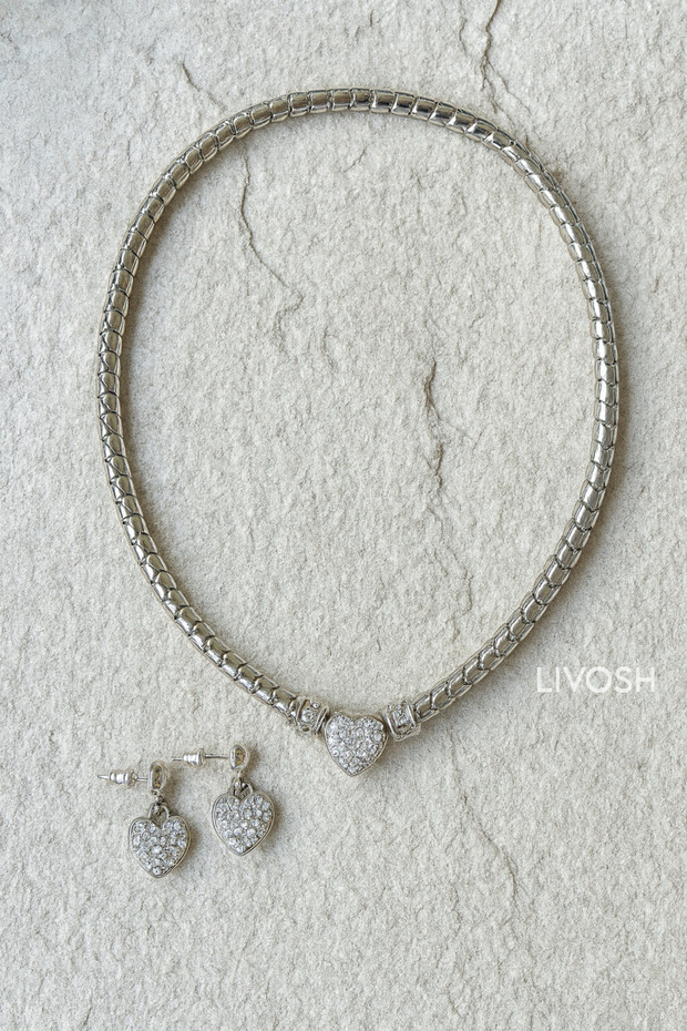 Set of 2 Necklace and Earrings with Steel Heart Clip and Snake Chain