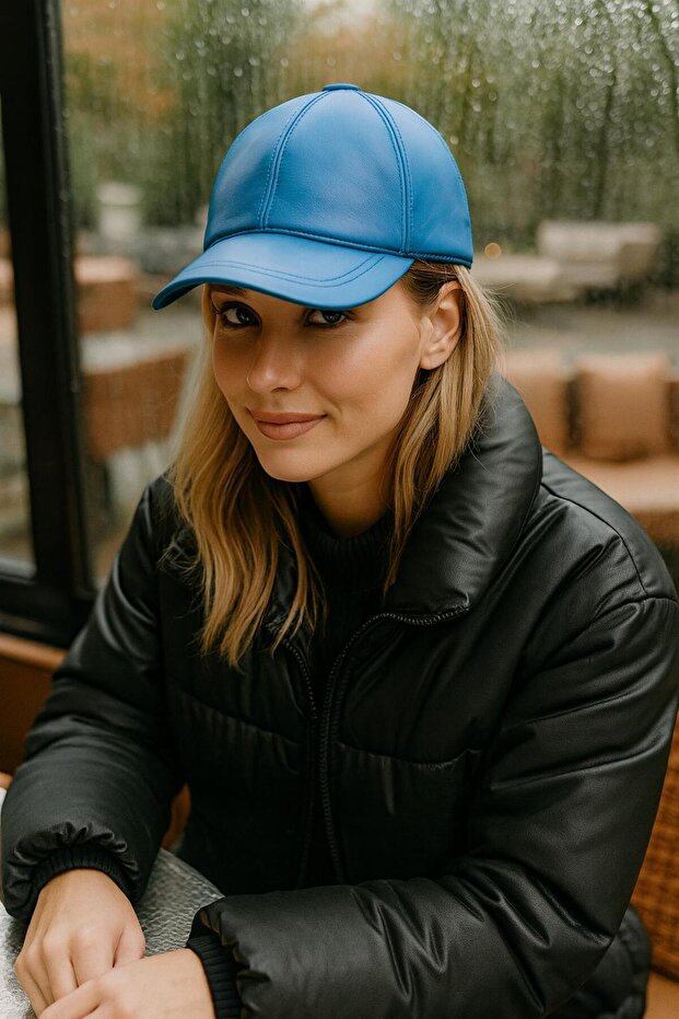 Blue Faux Leather Women's Cap Hat