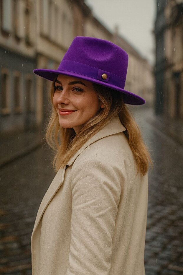 Purple Metal Button Detailed Panama Fedora Cowboy Women's Hat