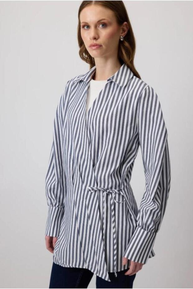 Side Tie Striped Shirt Navy Blue