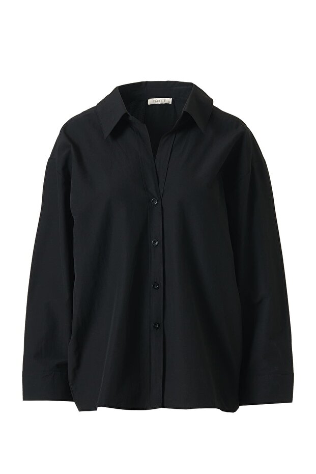 Oversize Poplin Gömlek Siyah - 1