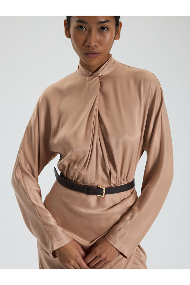 Bej Drapeli Uzun Elbise - 5