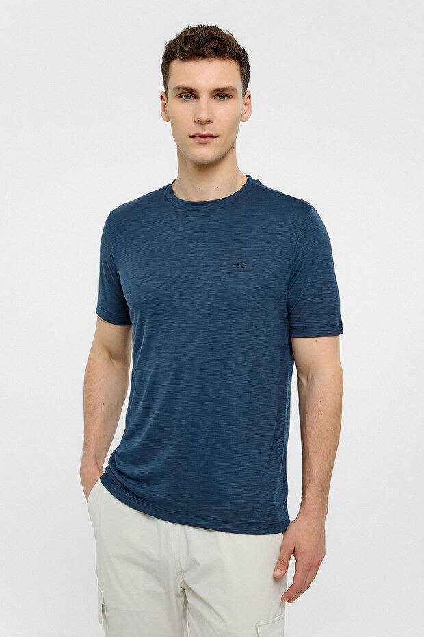 Lacivert Basic Flamlı Tişört - 1