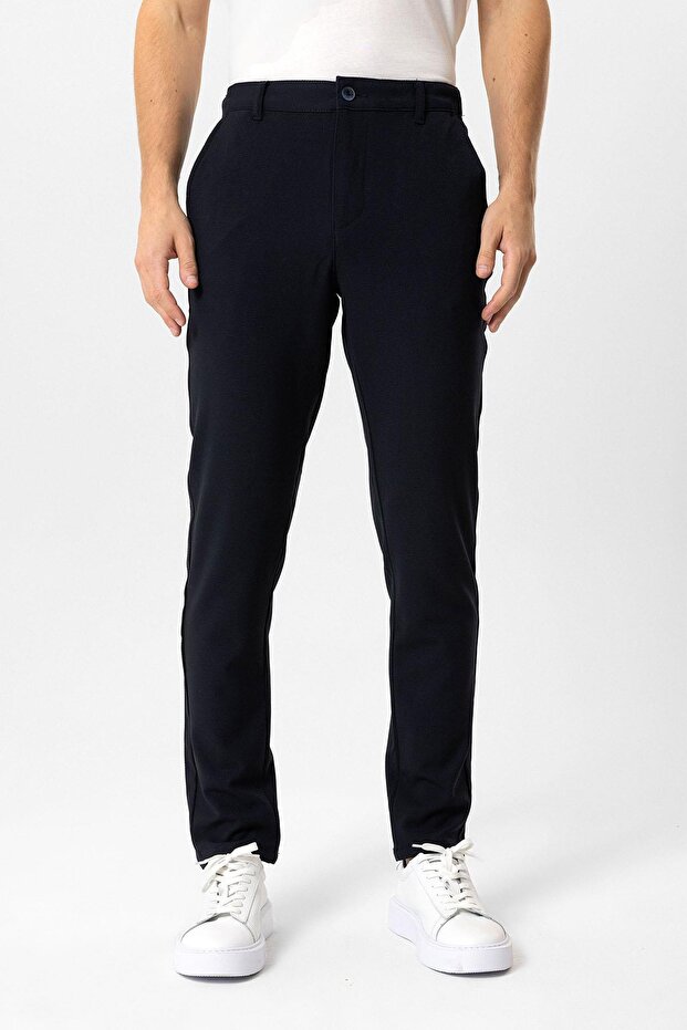 Navy Blue Smart Fit Elastic Waist Side Pocket Casual Trousers