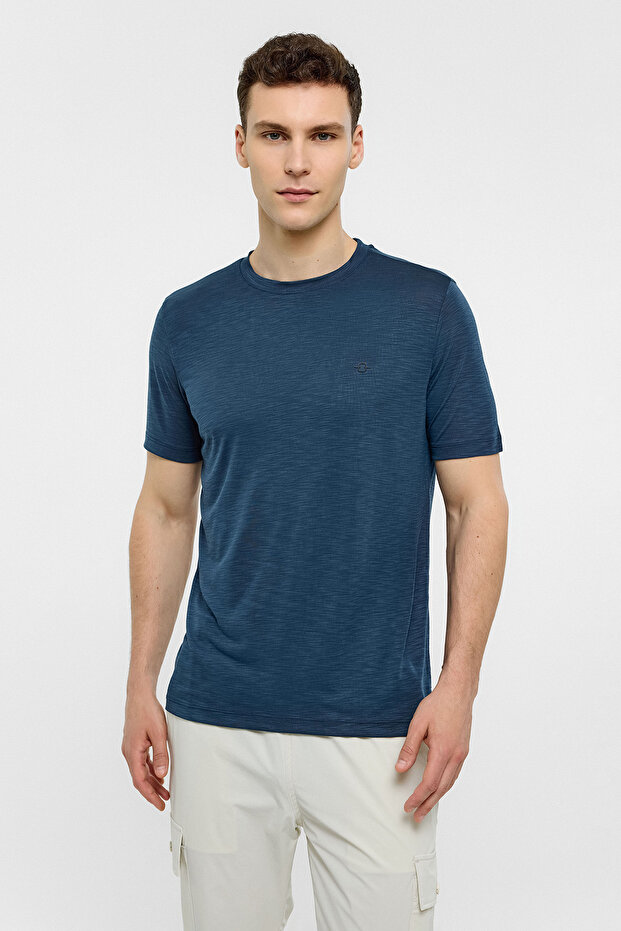 Lacivert Basic Flamlı Tişört - 3