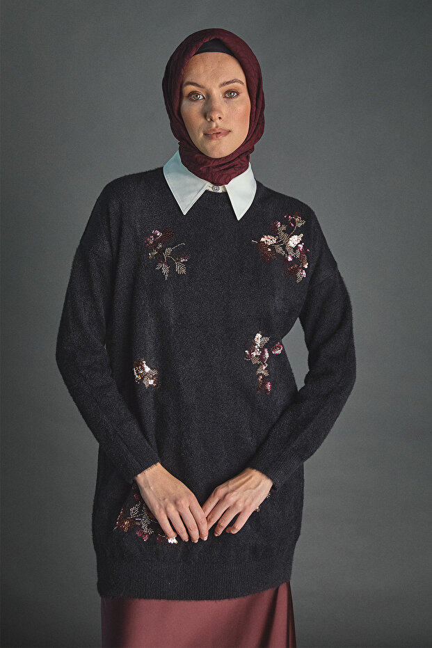 Boncuk Çiçekli Triko Tunik - 3