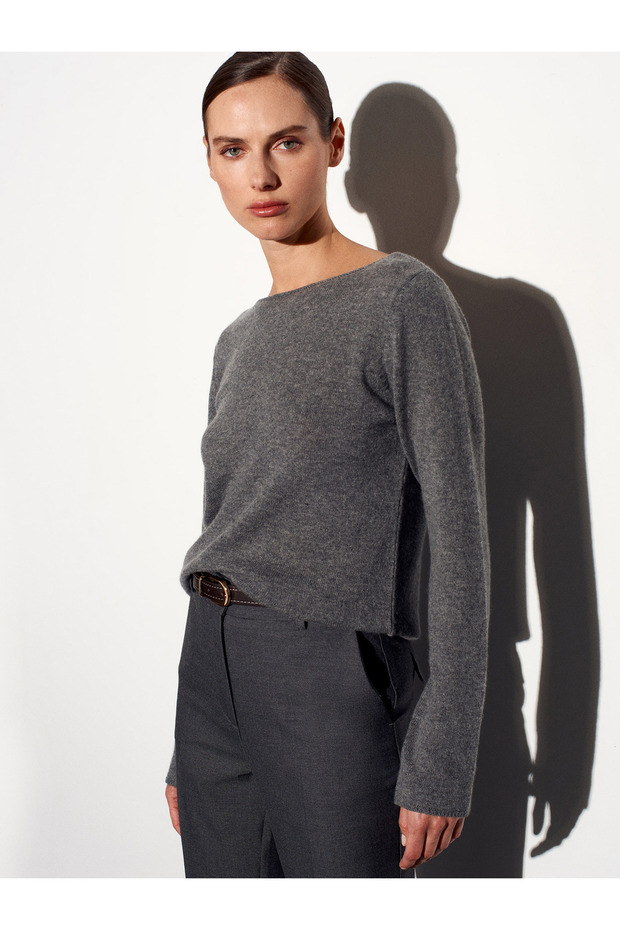 100 % Kaschmir-Pullover mit U-Boot-Ausschnitt, geräuchert, M. - 2