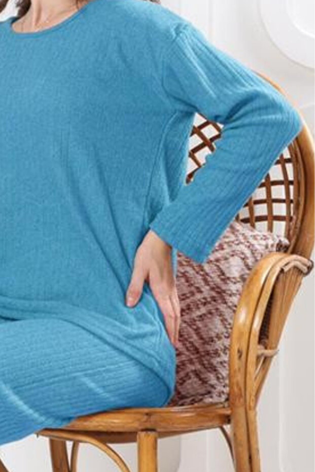 Pamuklu Kalın Kışlık İnterlok Şeritli Uzun Kollu Örme Pijama Takımı - 2