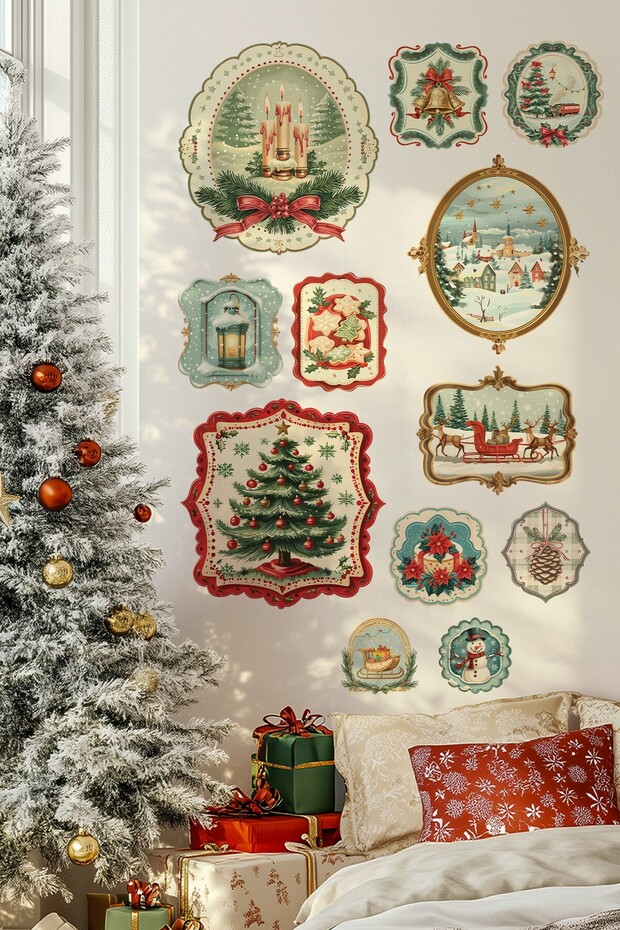 Vintage Christmas Themed Wall Sticker Set | 11 Piece Retro Christmas Decor Set | Decorative Sticker