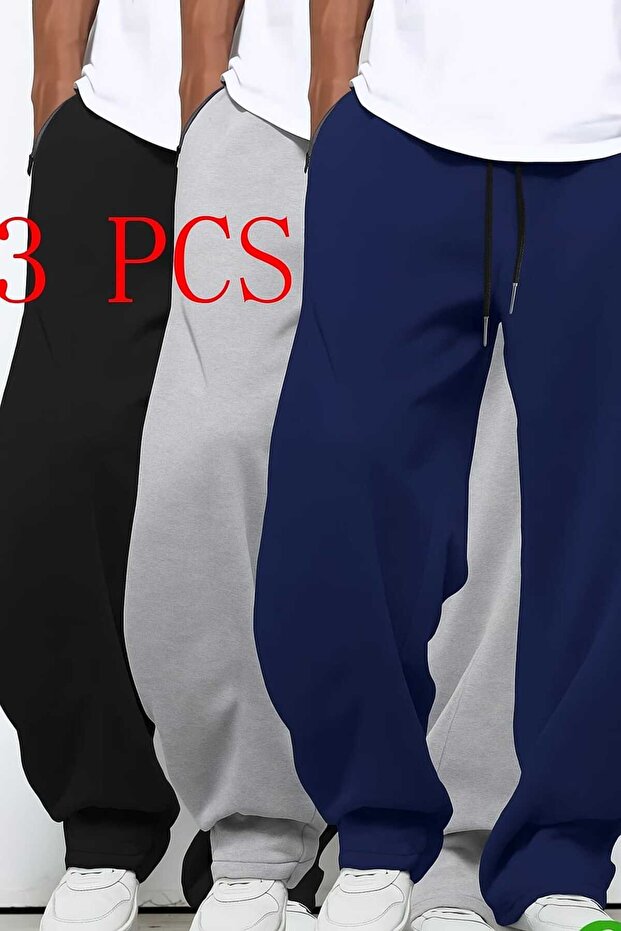 Summer 3-Piece Black Gray Navy Blue Wide Leg Sweatpants Oversized Size Comfortable Fabric