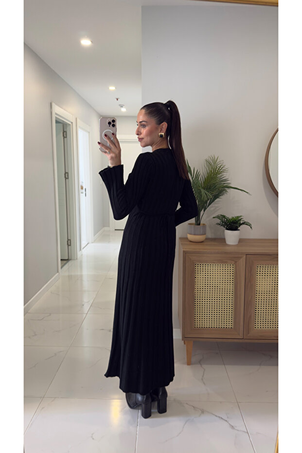 Lisan Siyah Fitilli Triko Elbise - 2