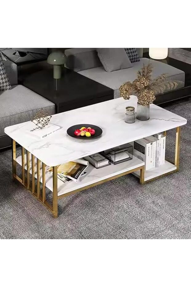 White Rectangular Coffee Table (Marble Pattern) - 2