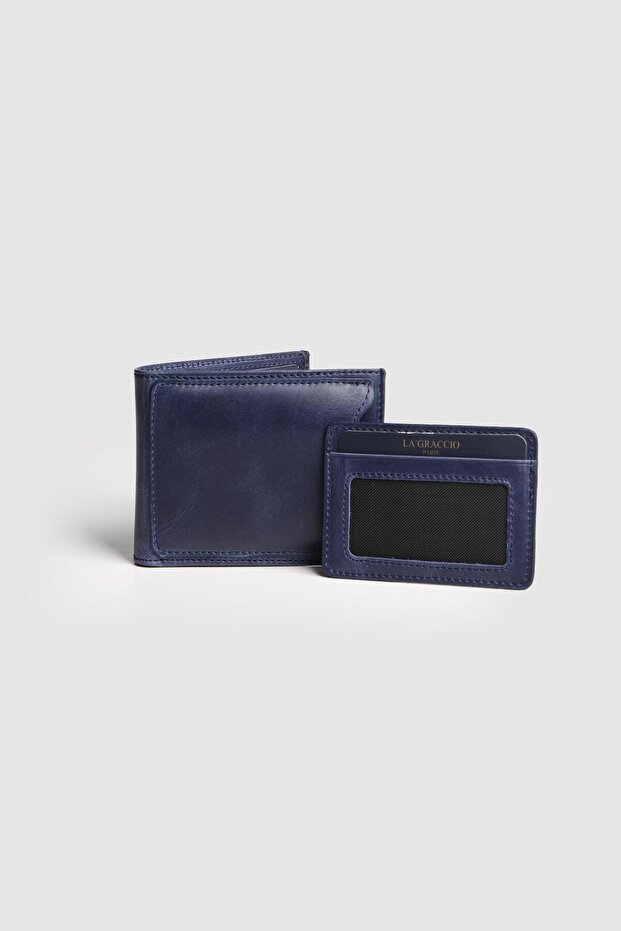 La'Graccio Paris Men's Genuine Cowhide Leather Wallet with Extra Card Holder Crazy Navy Blue