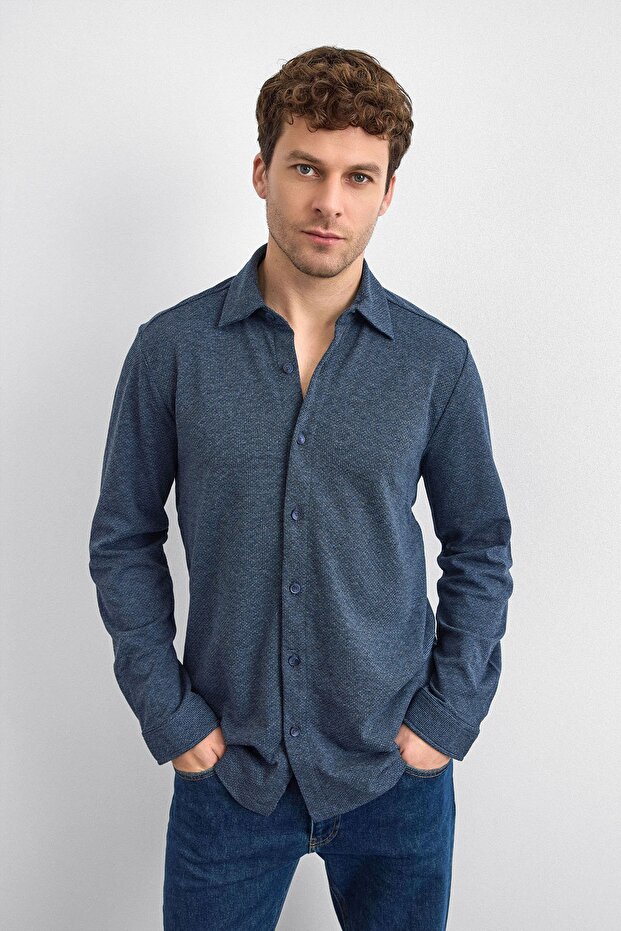 Lacivert Regular Fit Örme Gömlek - 2