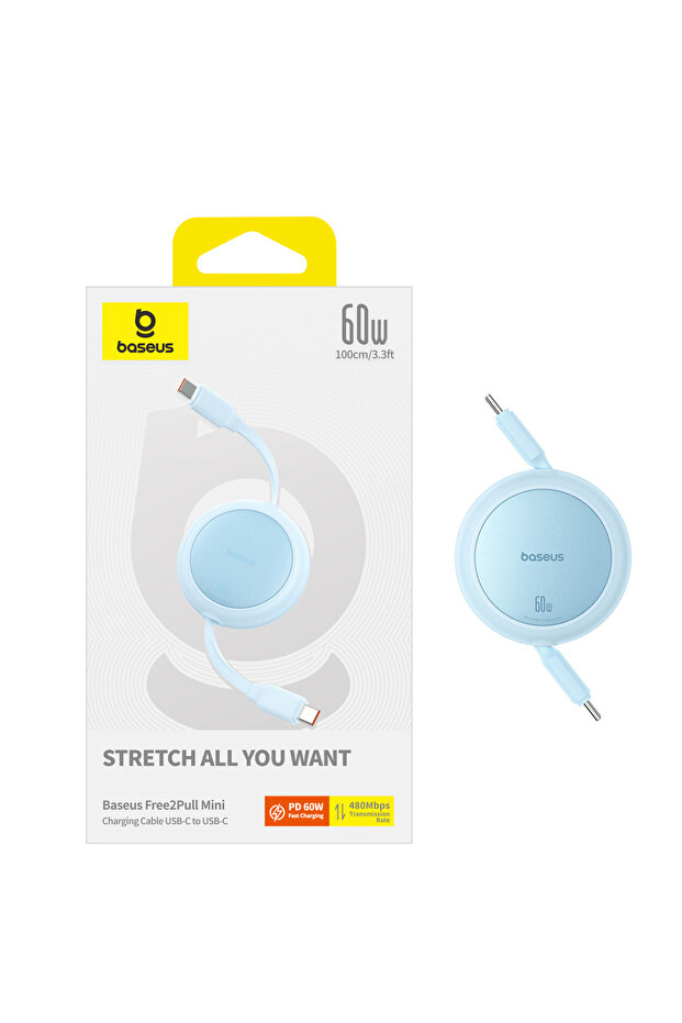Free2Pull Mini Makaralı USB-C 60W Hızlı Şarj ve Data Kablosu, Mavi - 3