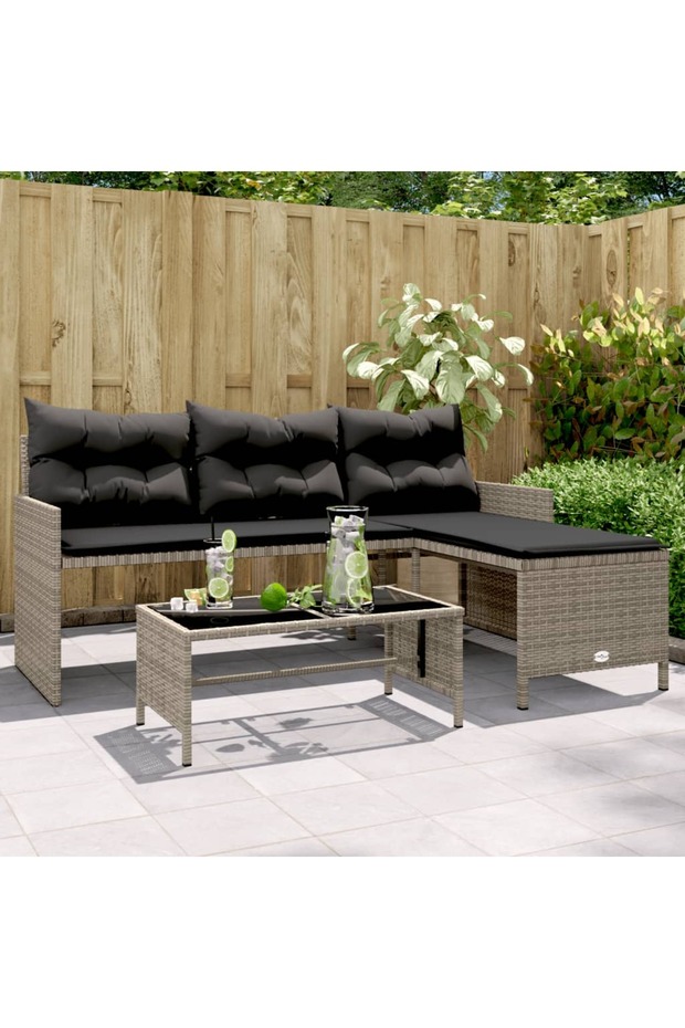 Garden Sofa with Table and Cushions L-Shaped Grey Poly Rattan