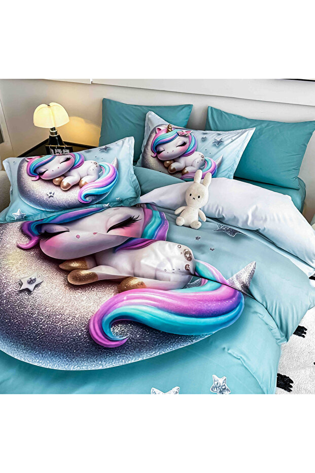 5D bedding set, 6 pieces, with elastic, Digital print, with elastic, 180x200cm, Unicorn - 3