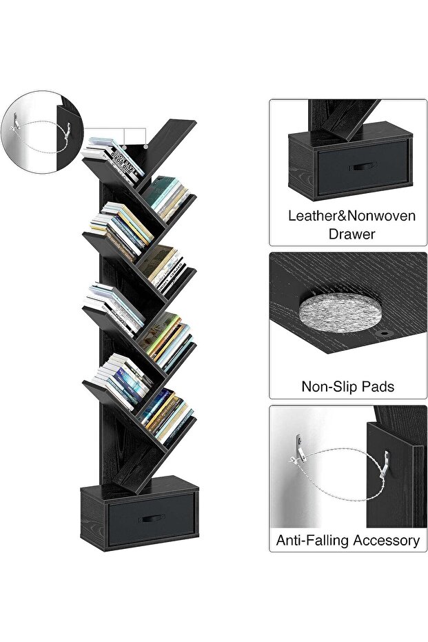 Tree Bookshelf with Drawer, 8-Shelf Rustic Wooden Bookcase - Black - 5