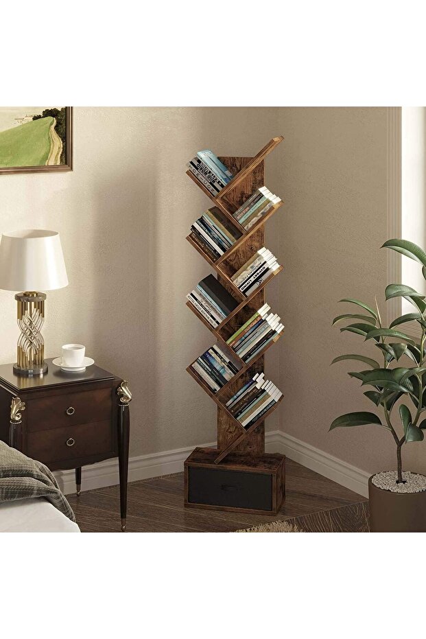 رف كتب على شكل شجرة مع درج - خزانة كتب خشبية ريفية بـ 8 رفوف (بني) - 5