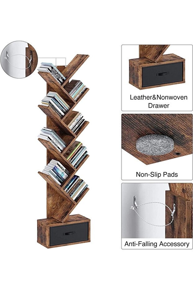 رف كتب على شكل شجرة مع درج - خزانة كتب خشبية ريفية بـ 8 رفوف (بني) - 6