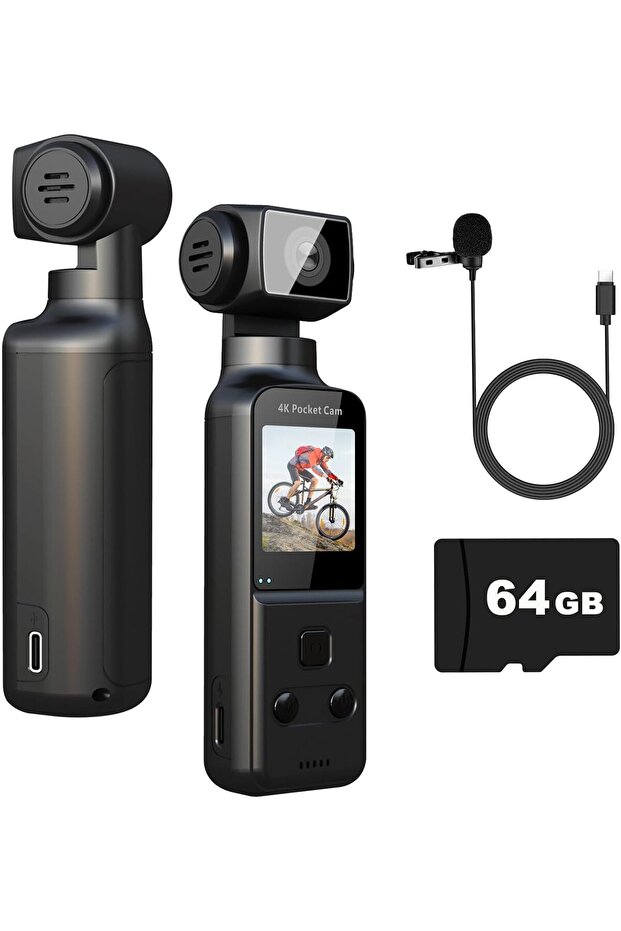 4K Body Camera with External Microphone, 270° Rotating Mini Pocket Camera, 64GB Included