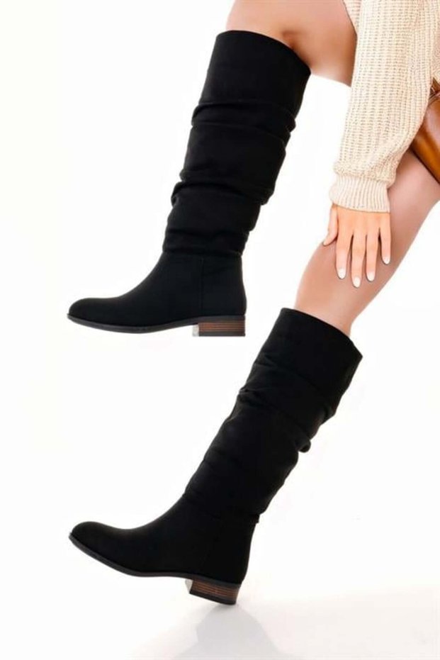 Women's Mika Black Suede Flat Sole Drawstring Below-Knee Length Boots