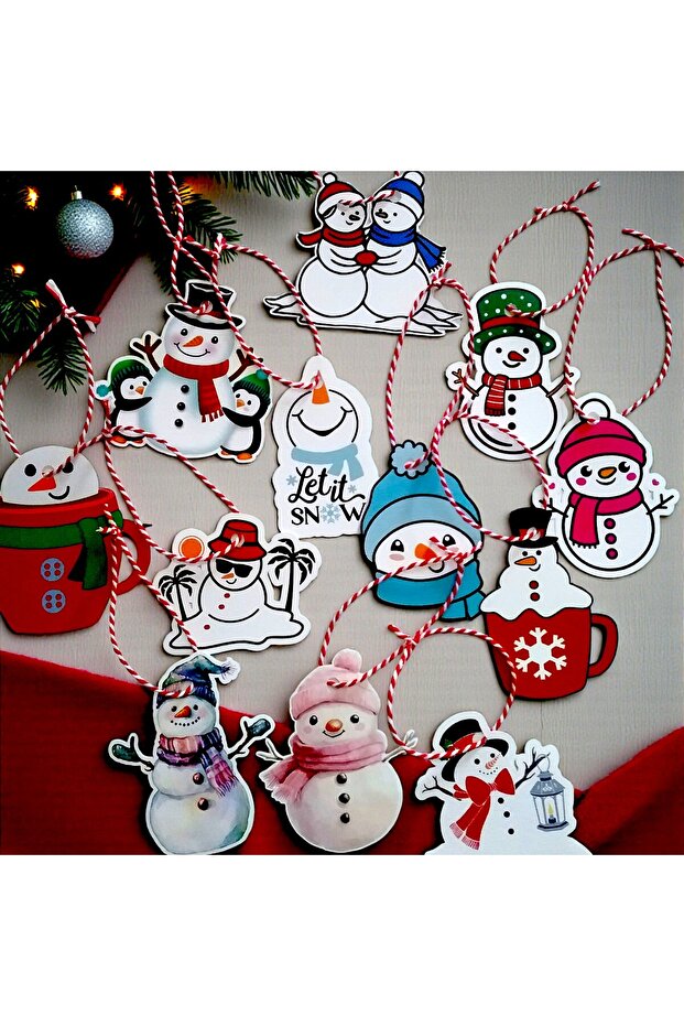 12-Piece Christmas Snowman Themed Colorful Cardboard Tree Ornament - Gift Card Set (6×7 cm)