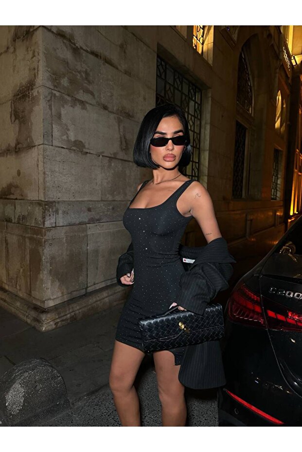 Taşlı mini elbise - 2