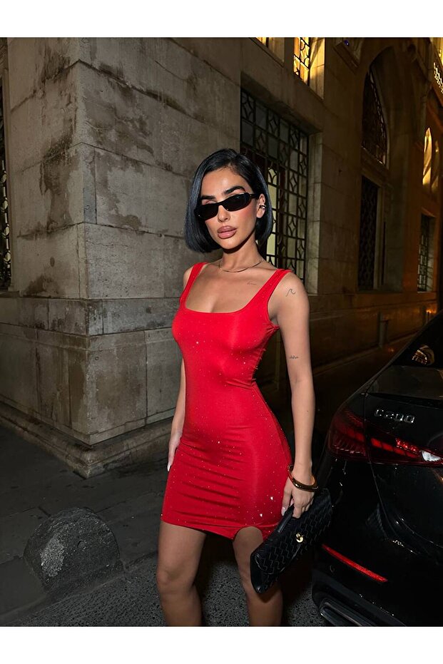 Taşlı mini elbise - 4