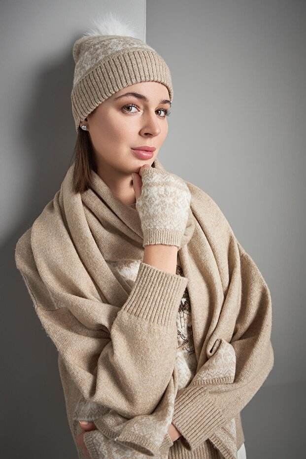 Desenli Bej Triko Atkı - 6