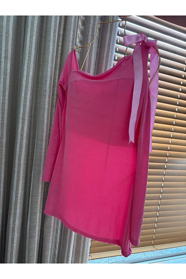 Pembe tek omuz mini elbise - 4