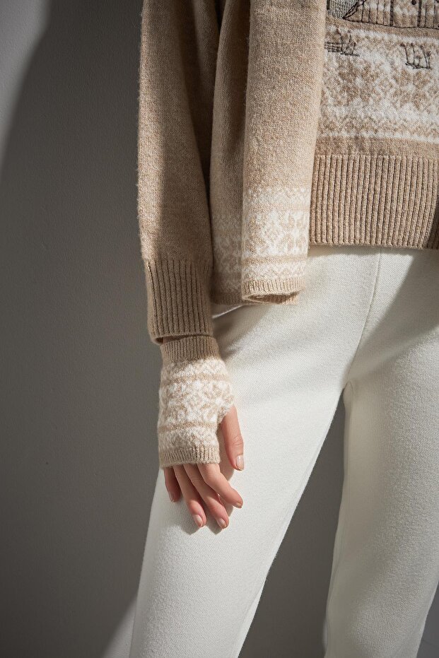 Desenli Bej Triko Atkı - 4