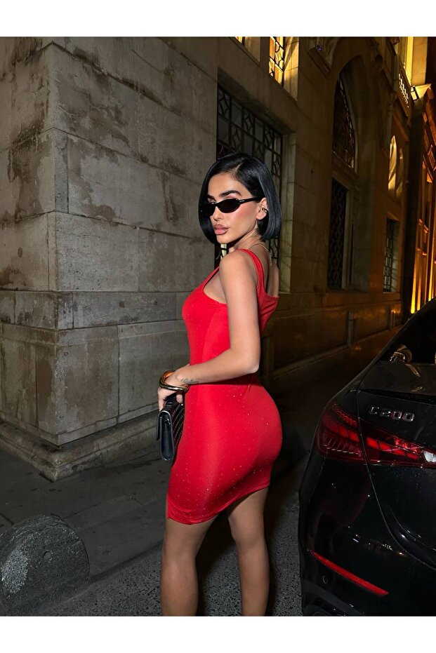 Taşlı mini elbise - 2