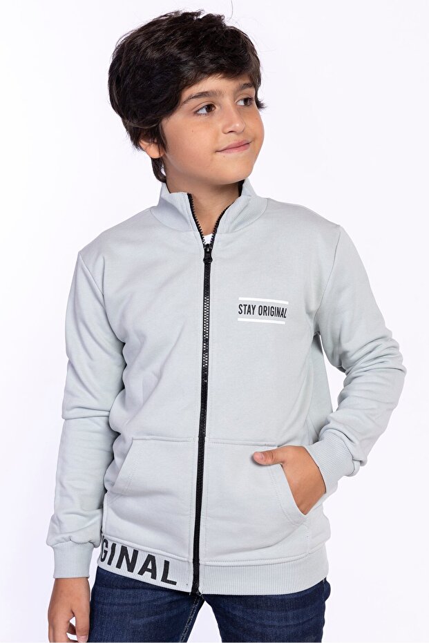 Gray Sky Boy's Mock Neck Zippered Pockets Printed Knitted Cardigan - 2 Thread Raised