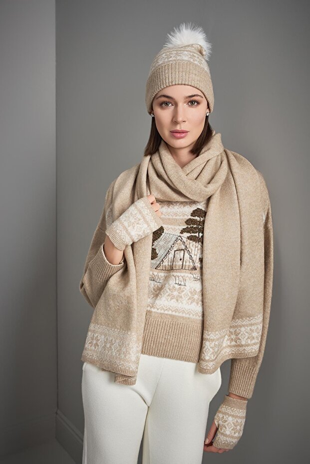 Desenli Bej Triko Bere - 6