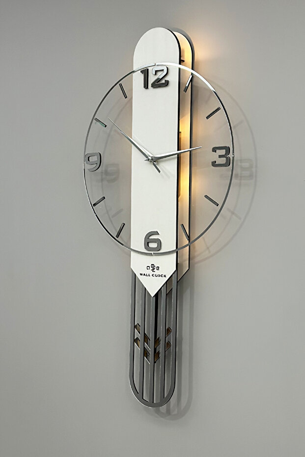 Long Rectangular Clock SARKAÇLI IŞIKLI 65cm BEYAZ GÜMÜŞ - 5