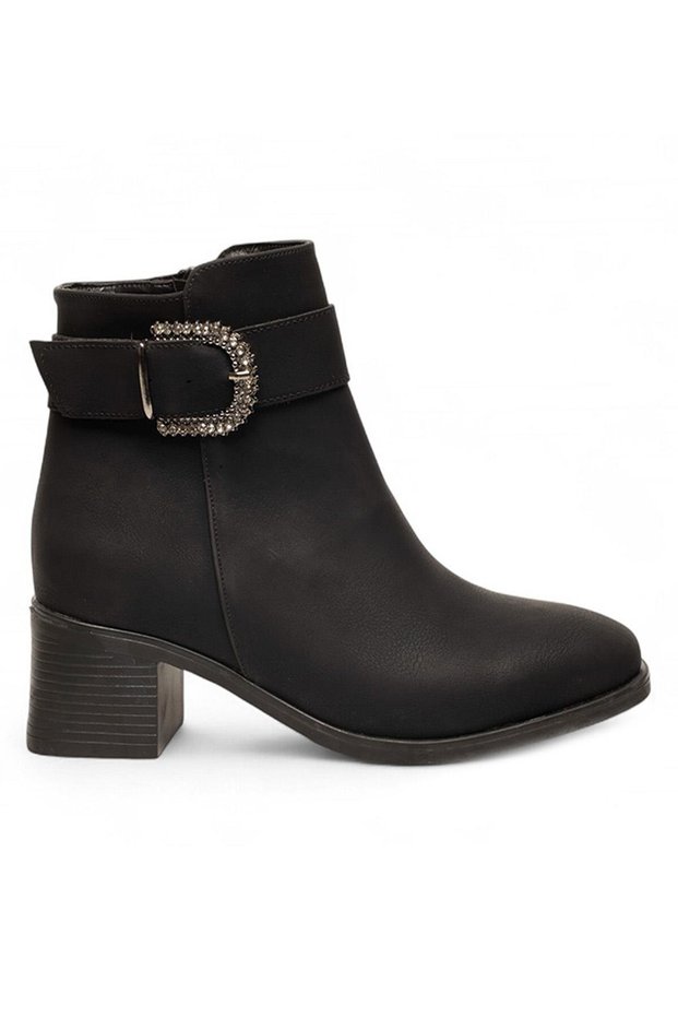Black Zippered Heeled Buckle Casual Women's Boots