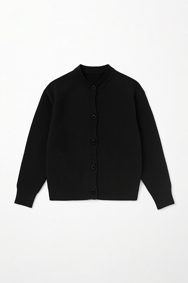 EazyStudio+ Kadın Siyah Bisiklet Yaka Basic Düğmeli Triko Hırka - 3