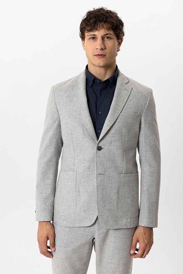 Light Gray Slim Fit Mono Collar Wool Jacket