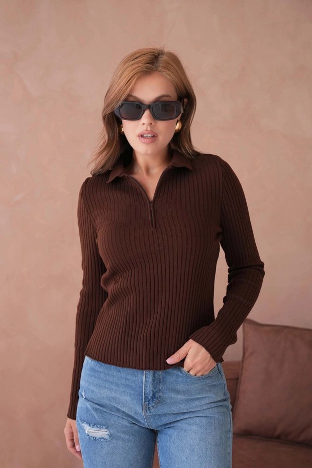 Women's Polo Neck Zipper Detail Ribbed Knit Knitwear Sweater