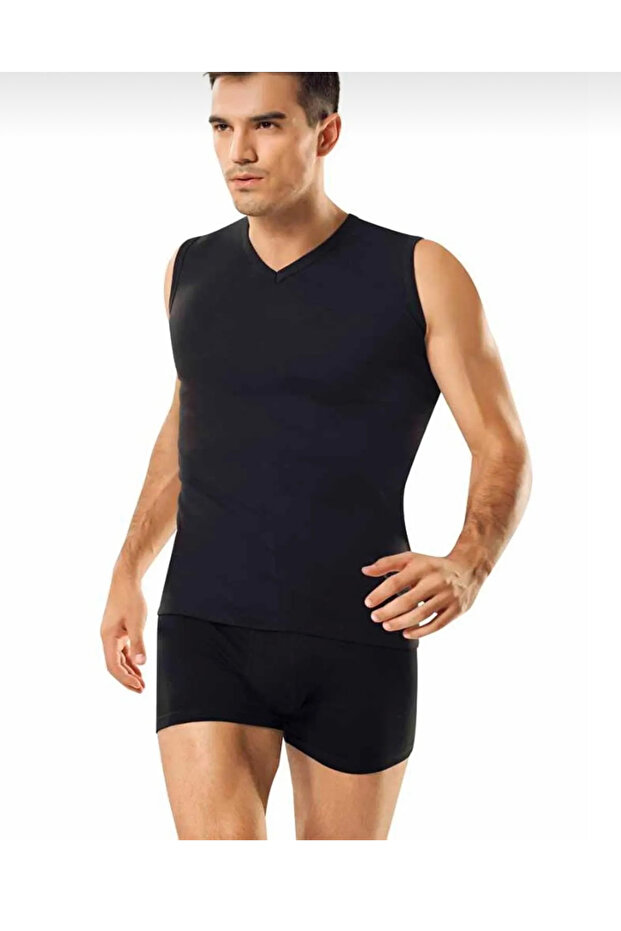 Men's Ribbed Fabric Cotton Zero Sleeve V-Neck T-Shirt 2 Pieces