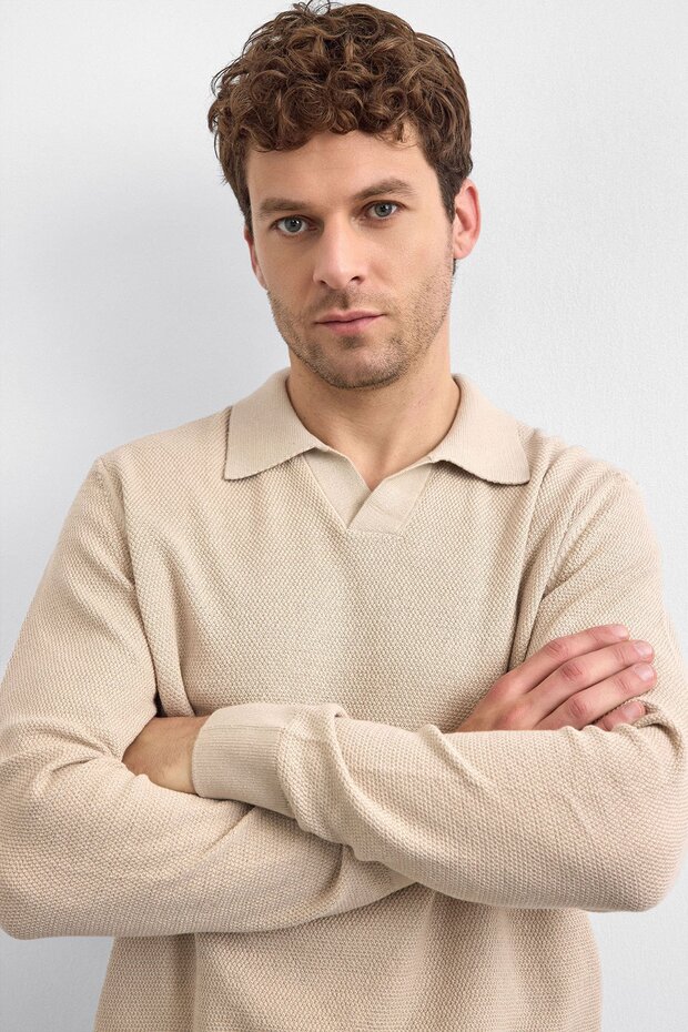 Beige Regular Fit Polo Neck Knit Sweater